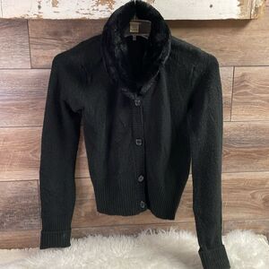 CHEROKEE Ladies Button Up Faux Fur Collar Black Sweater Size XL 14 / 16